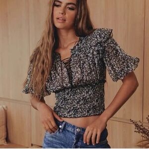 Floral Ruffle Smocked Top - Black